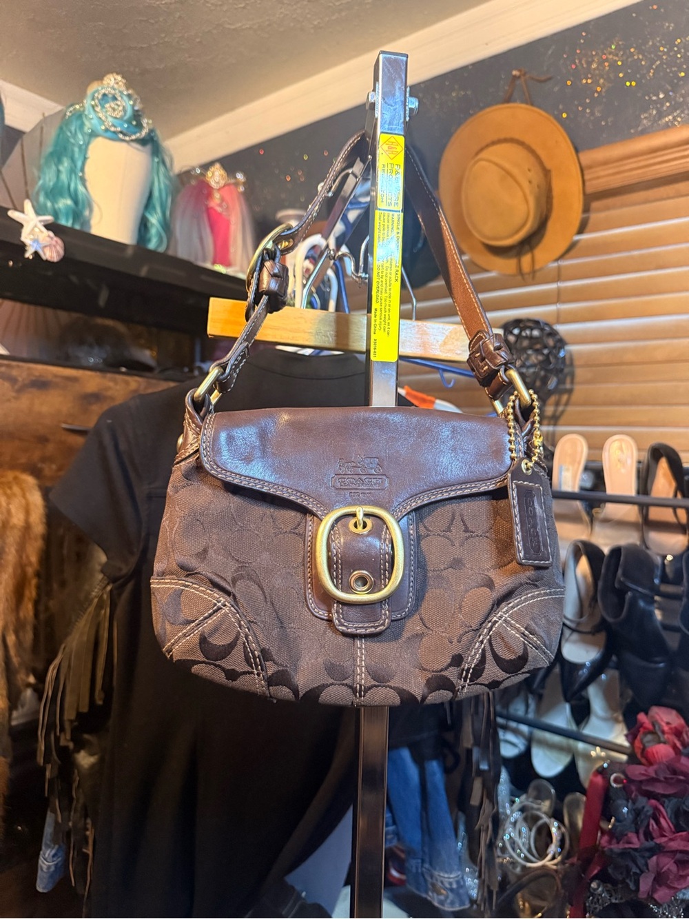 Vintage Coach Brown Signature Canvas Shoulder Bag with Buckle bleaker